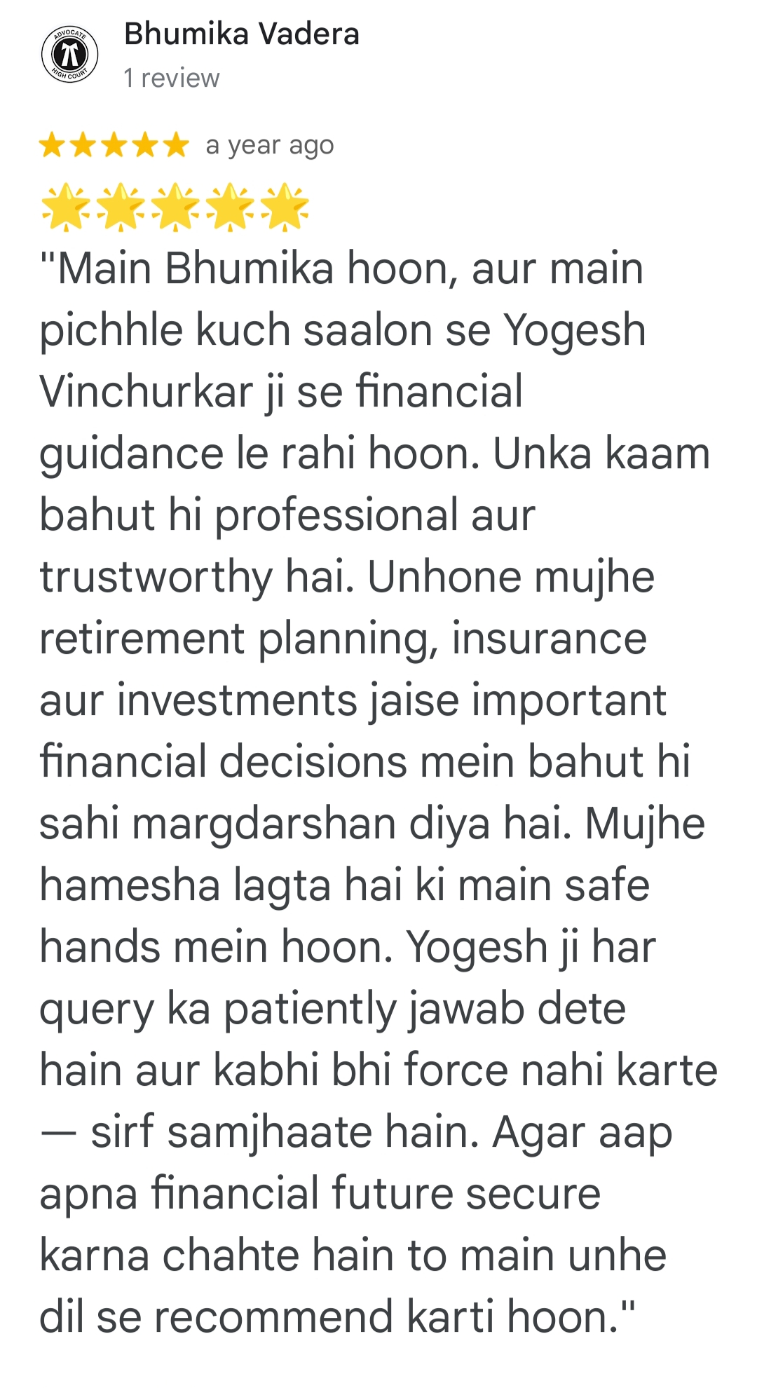 Google review screenshot from Bhumika Vadera