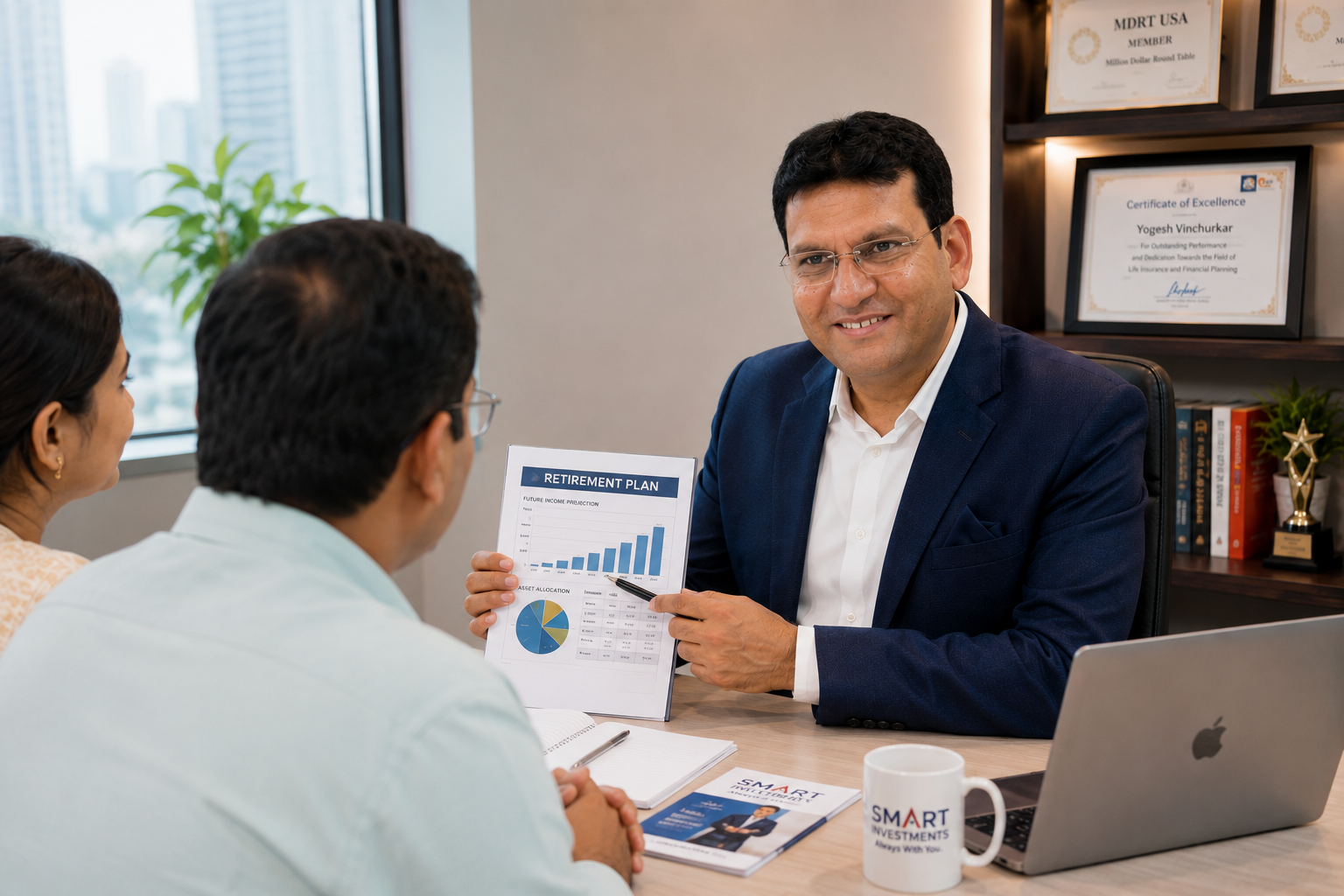 Yogesh Vinchurkar presenting a retirement plan document to a couple at Smart Investments office