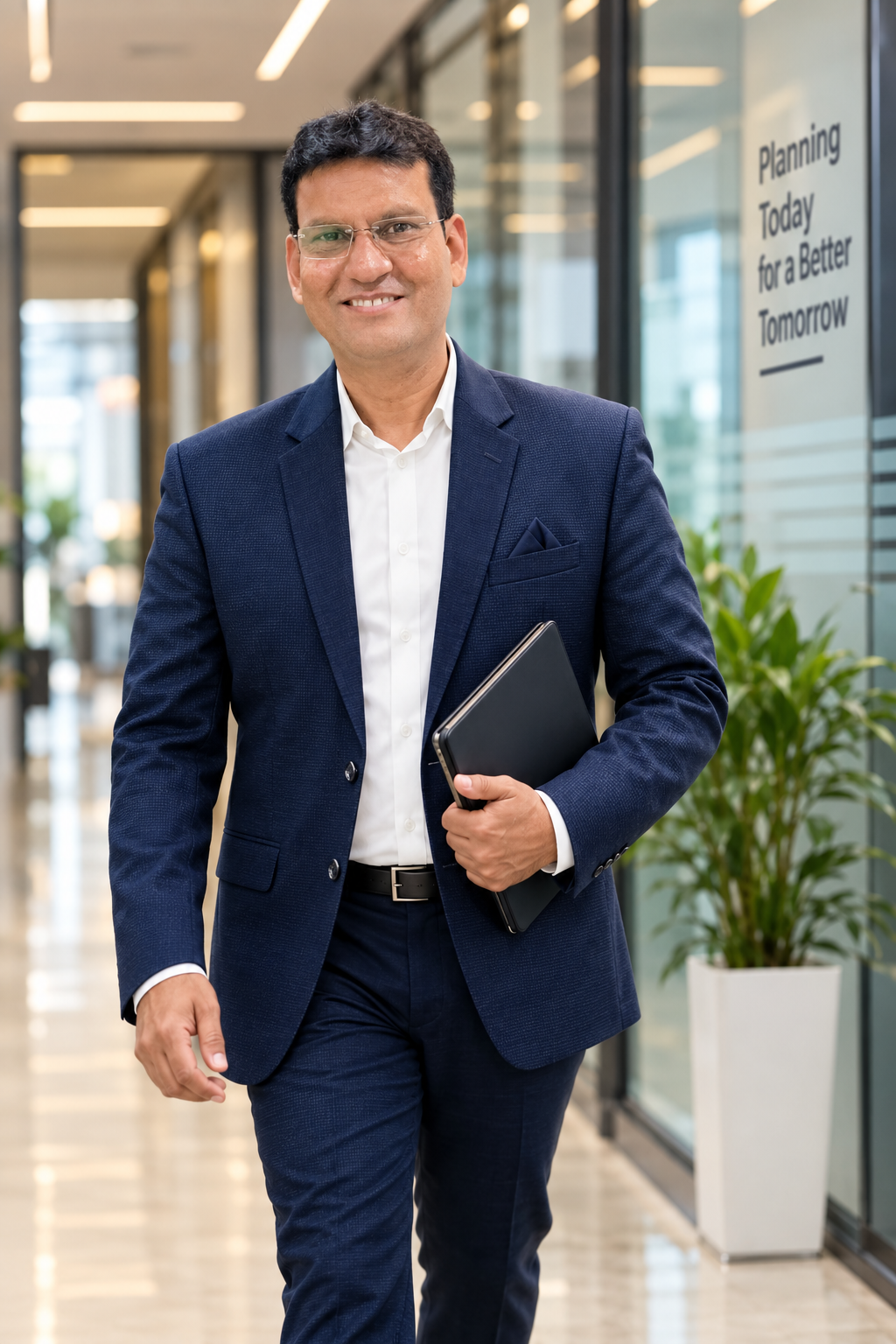 Yogesh Vinchurkar, Financial Freedom Coach, walking in his office corridor