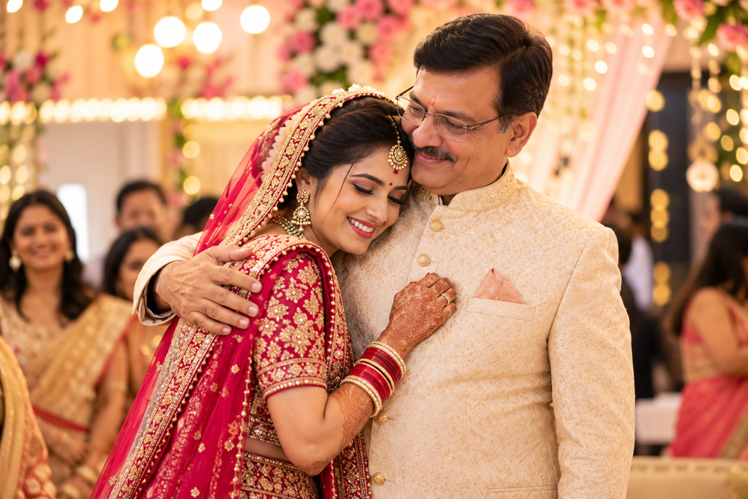 Bride and groom holding hands at a traditional Indian wedding